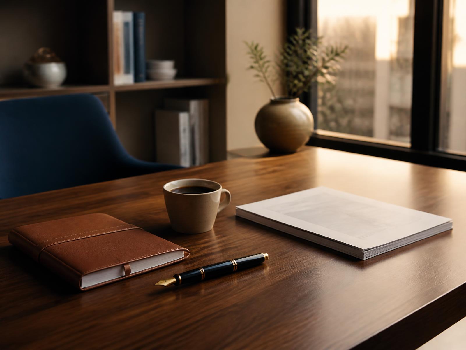 A quiet advisory workspace with financial statements and a laptop