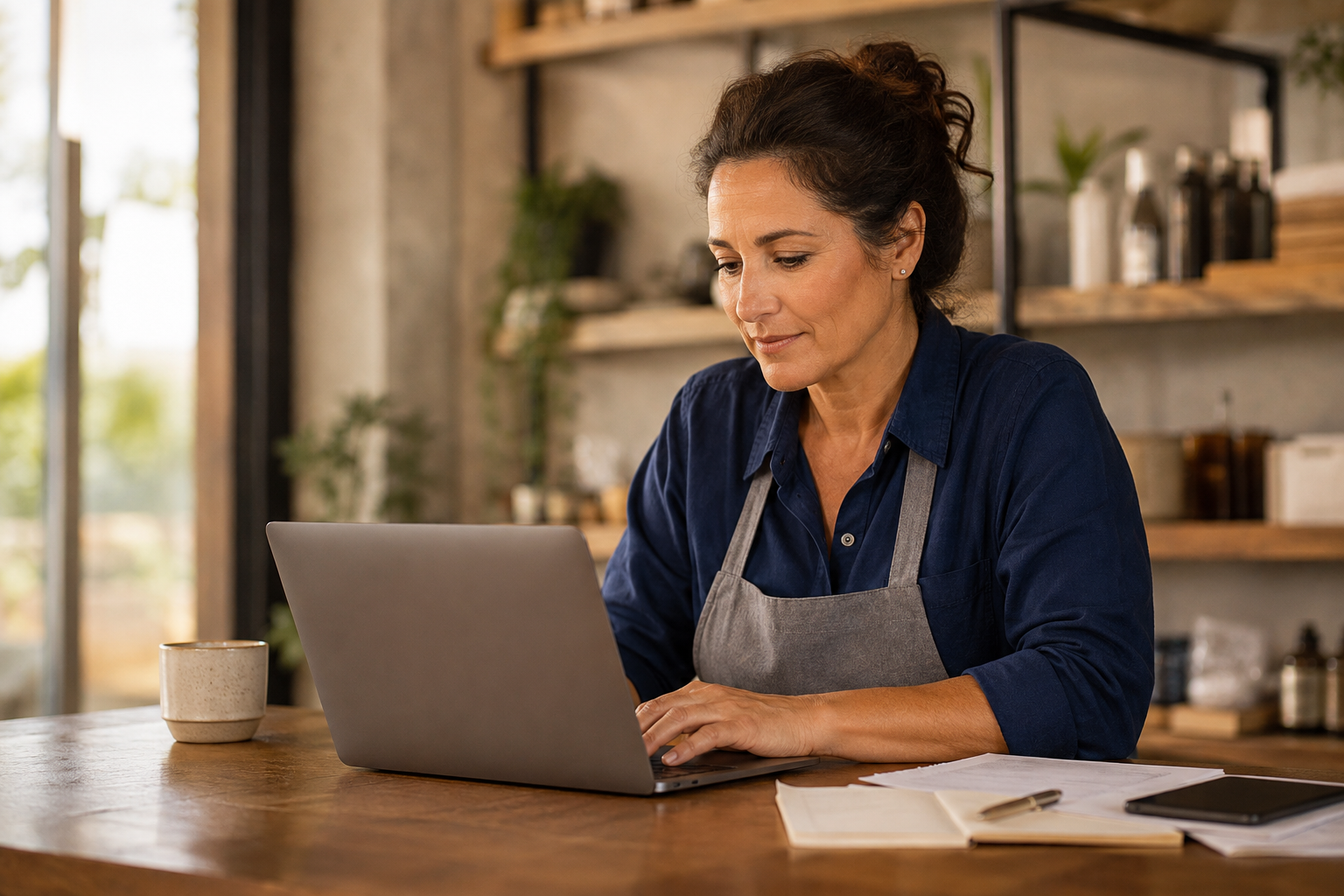 Small business owner reviewing monthly accounting reports on a laptop