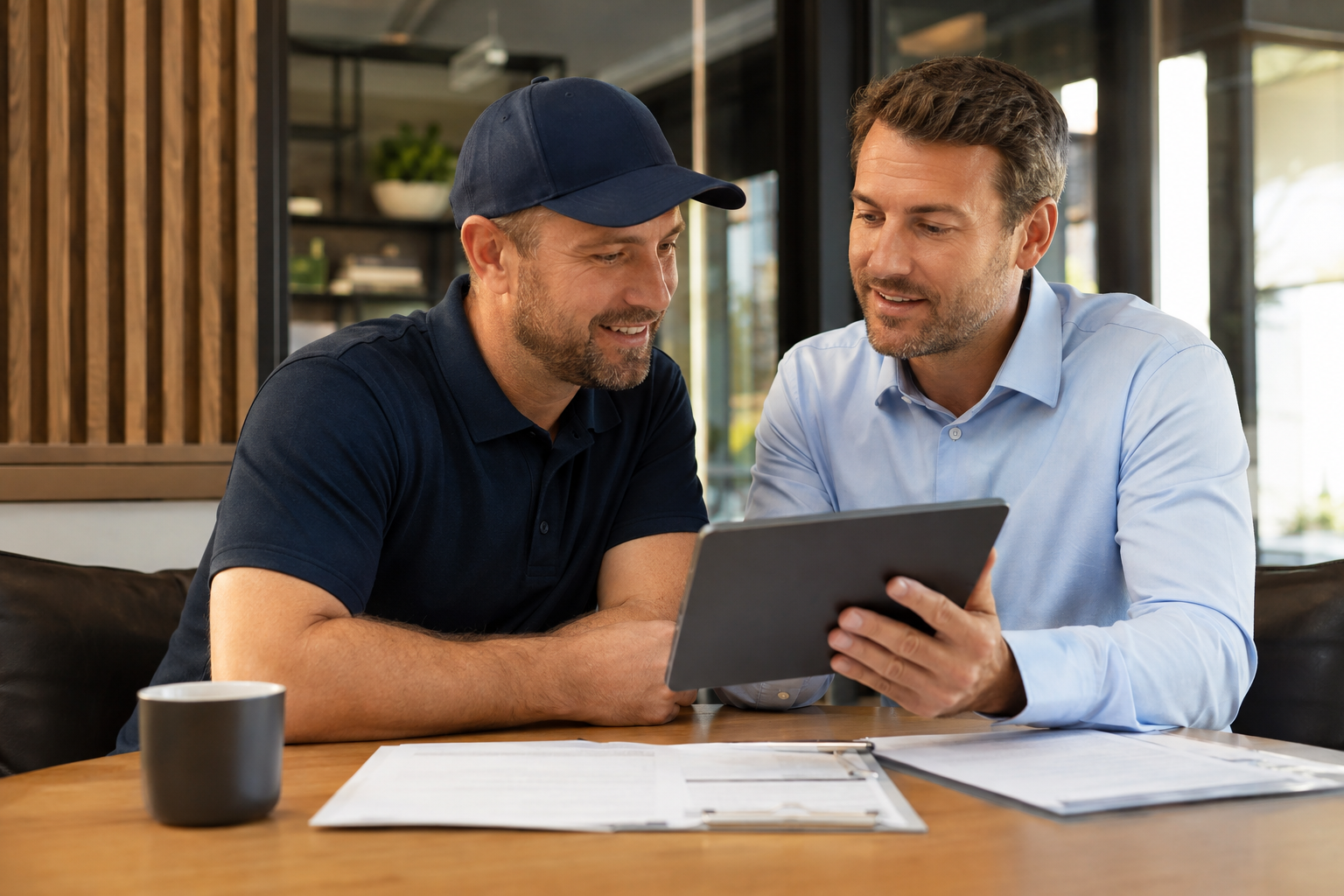 Two business owners reviewing a new tax strategy together