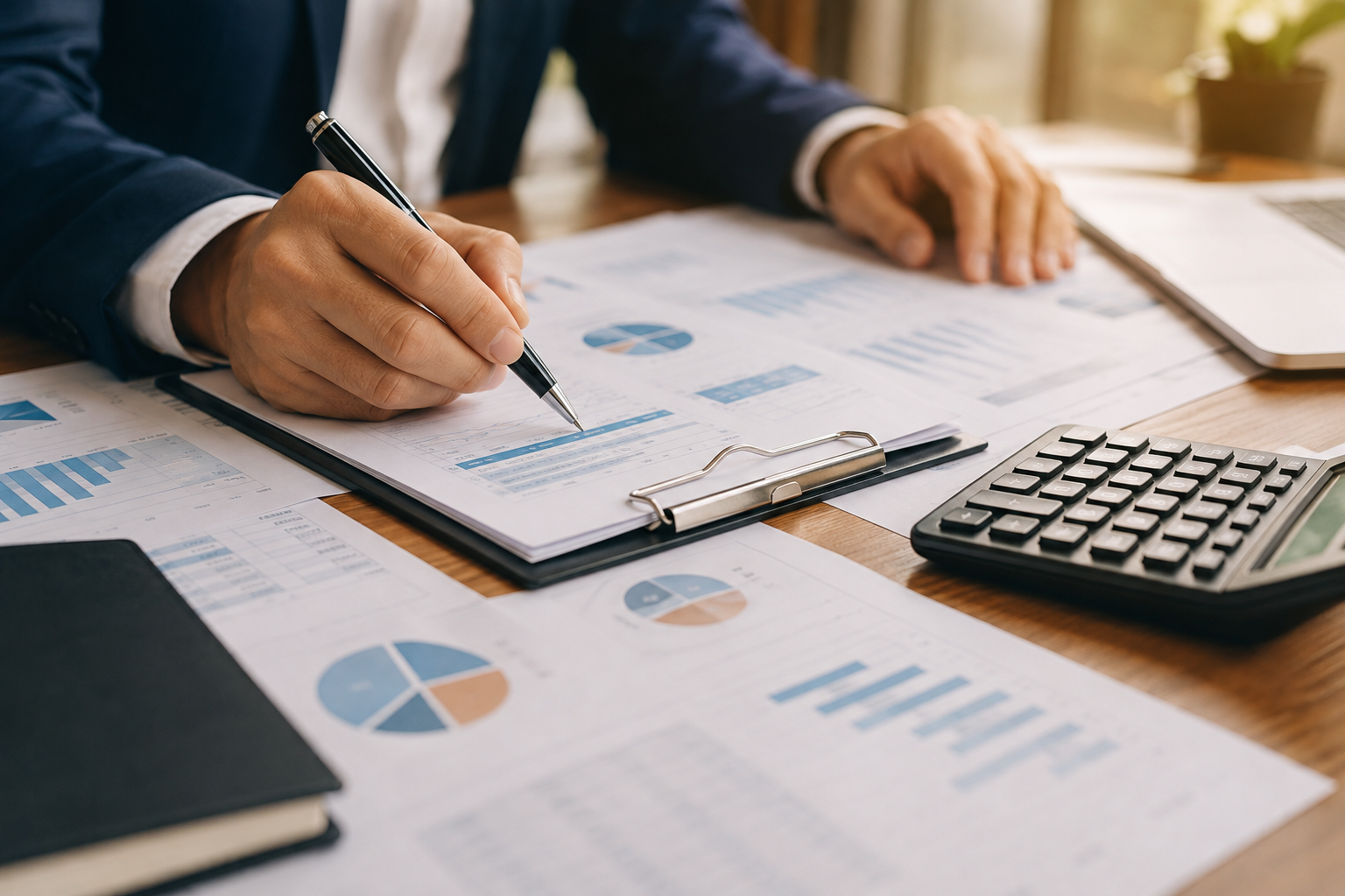Tax strategist analyzing financial reports and projections